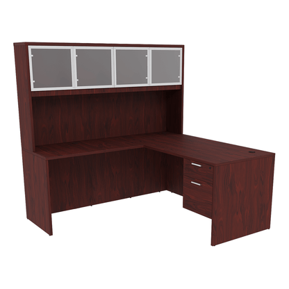 Kai Line Reversible L Shaped Desks with Single Suspended Pedestal with 4 Door Glass Hutch