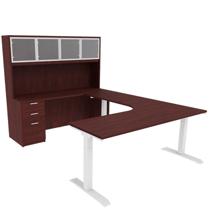 Height Adjustable Reversible U-Desk with Single Full Pedestal, 4 Door Glass Hutch and White Base