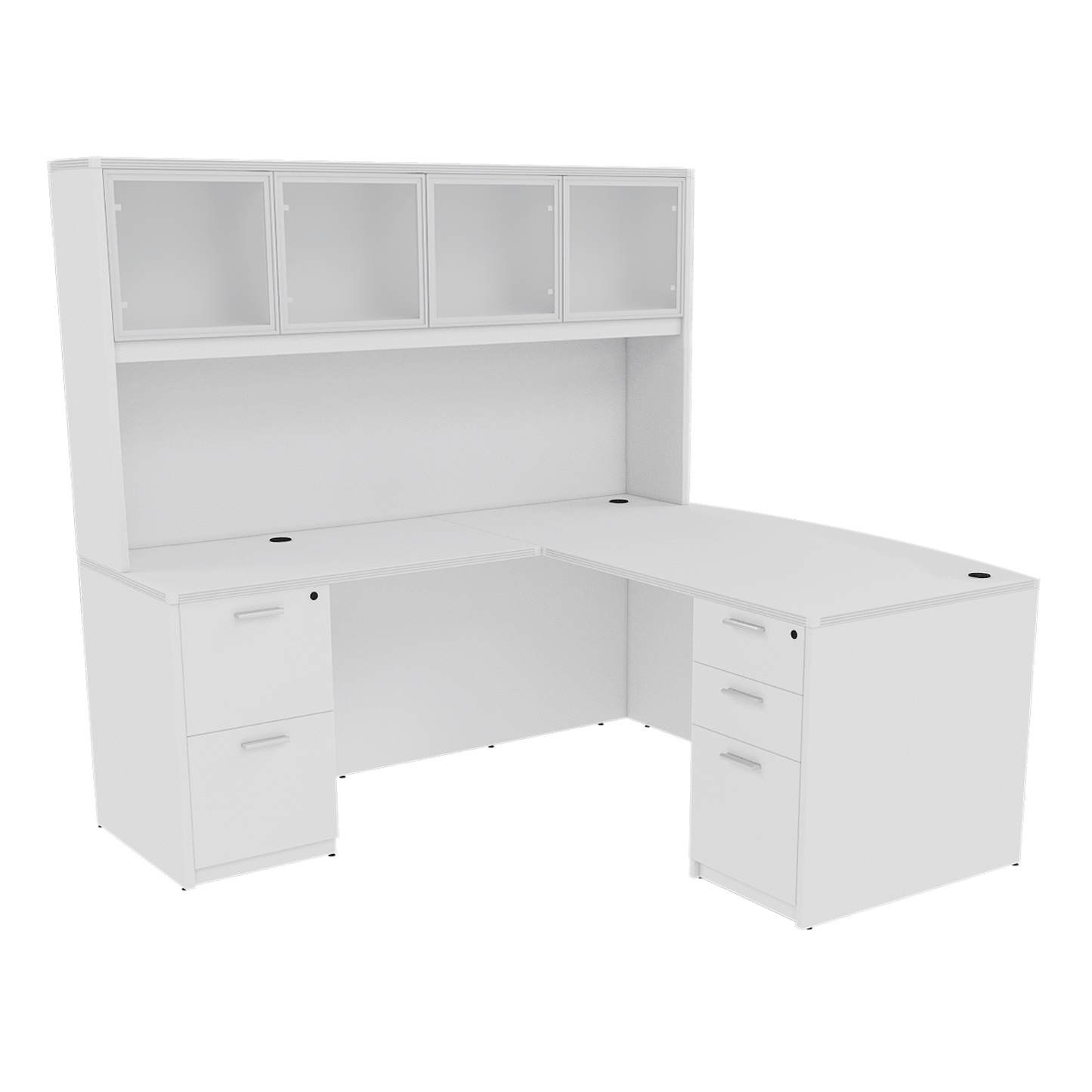 Kai Line Reversible Bow Front L-Desk with Double Full Pedestals with 4 Door Glass Hutch