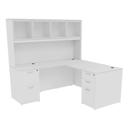 Kai Line Reversible L-Desk with Double Full Pedestals with 4 Door Glass Hutch