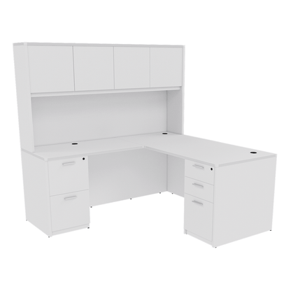 Kai Line Reversible L-Desk with Double Full Pedestals with 4 Door Wood Hutch