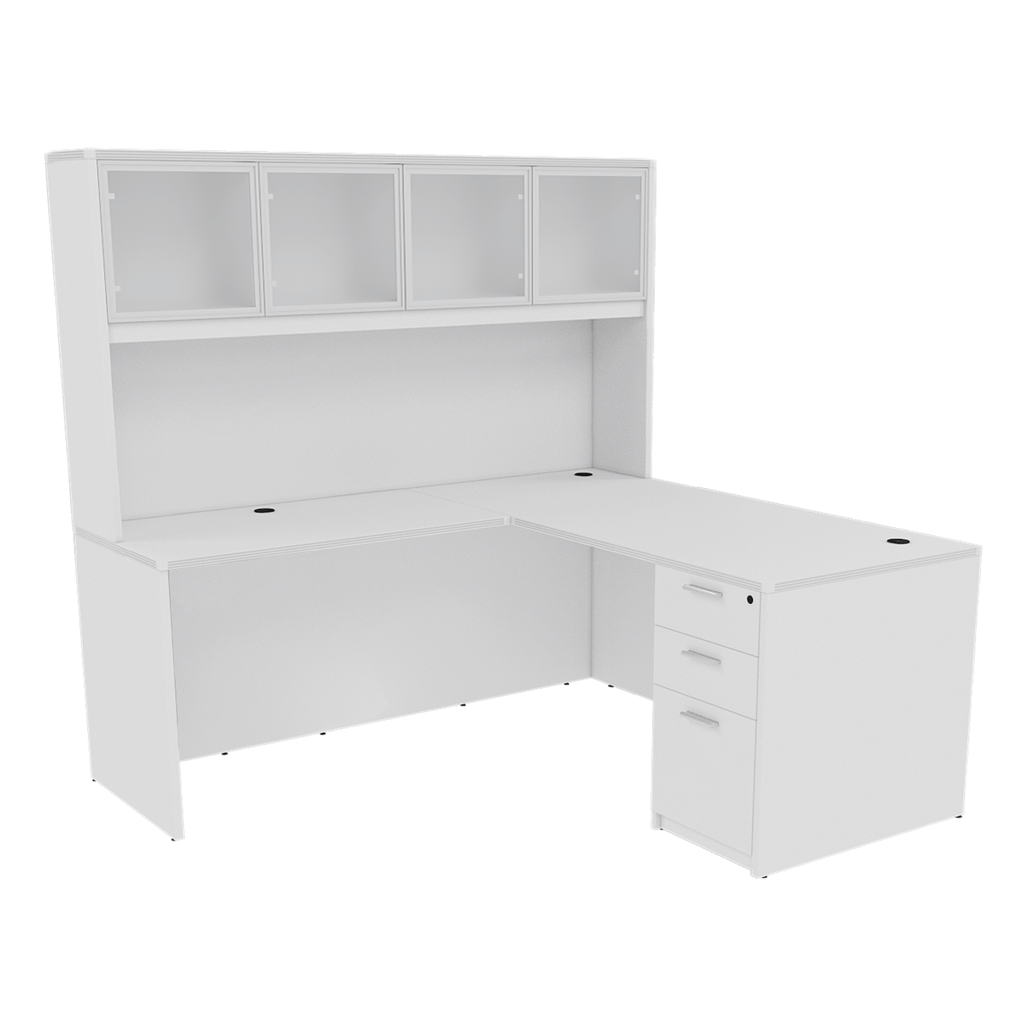 Kai Line Reversible L Shaped Desks with Single Full Pedestal with 4 Door Glass Hutch