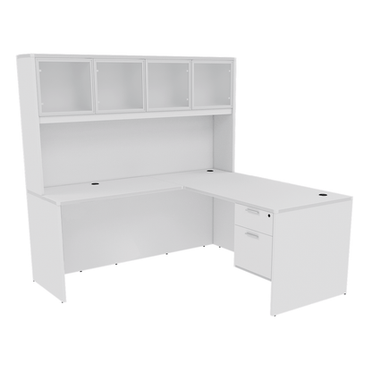 Kai Line Reversible L Shaped Desks with Single Suspended Pedestal with 4 Door Glass Hutch