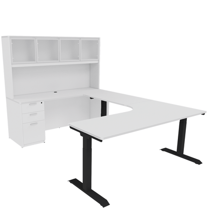 Height Adjustable Reversible U-Desk with Single Full Pedestal, 4 Door Glass Hutch and Black Base