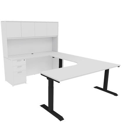 Height Adjustable Reversible U-Desk with Single Full Pedestal, 4 Door Wood Hutch and Black Base