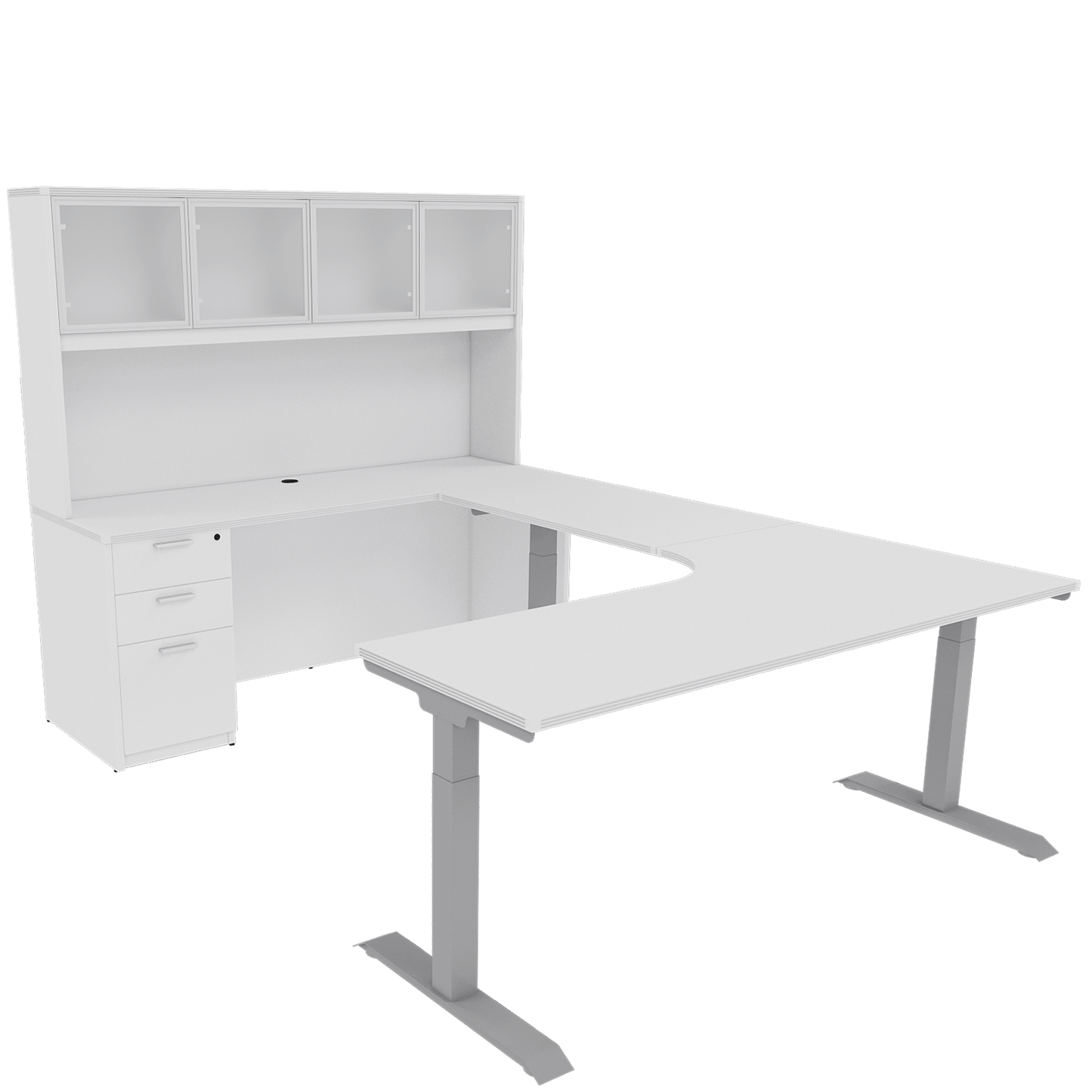 Height Adjustable Reversible U-Desk with Single Full Pedestal, 4 Door Glass Hutch and Silver Base