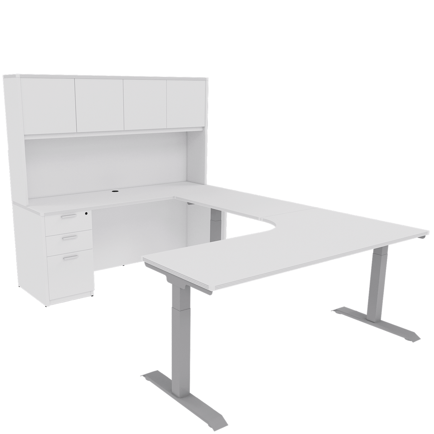 Height Adjustable Reversible U-Desk with Single Full Pedestal, 4 Door Wood Hutch and Silver Base