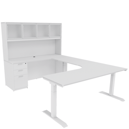 Height Adjustable Reversible U-Desk with Single Full Pedestal, 4 Door Glass Hutch and White Base