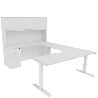 Height Adjustable Reversible U-Desk with Single Full Pedestal, 4 Door Wood Hutch and White Base