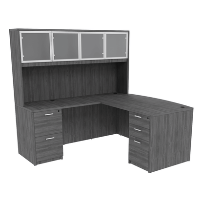 Kai Line Reversible Bow Front L-Desk with Double Full Pedestals with 4 Door Glass Hutch