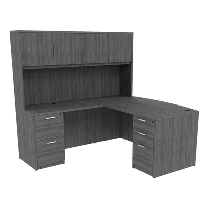 Kai Line Reversible Bow Front L-Desk with Double Full Pedestals with 4 Door Wood Hutch