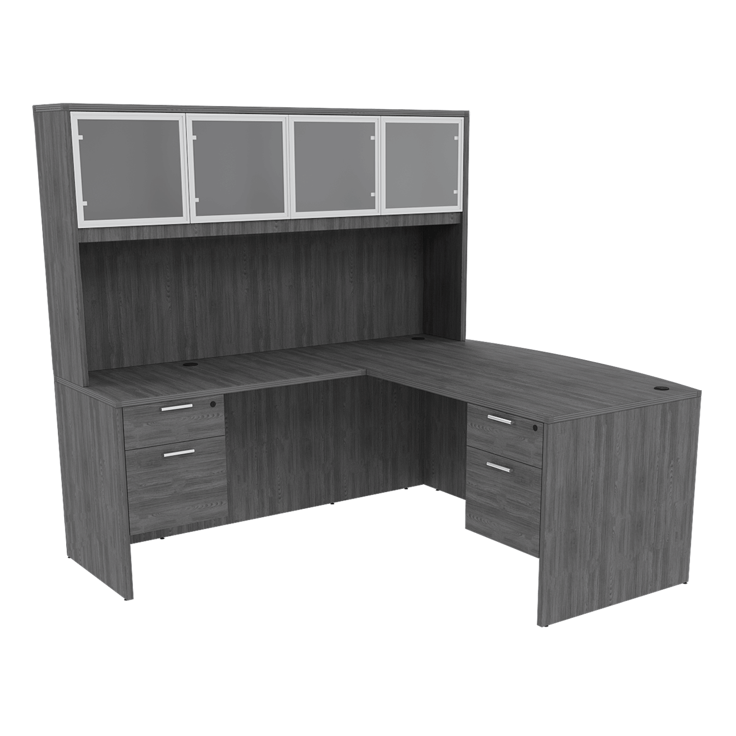 Kai Line Reversible Bow Front L-Desk with Double Suspended Pedestals with 4 Door Glass Hutch