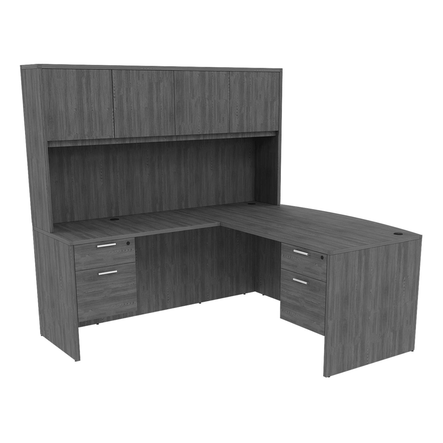 Kai Line Reversible Bow Front L-Desk with Double Suspended Pedestals with 4 Door Wood Hutch