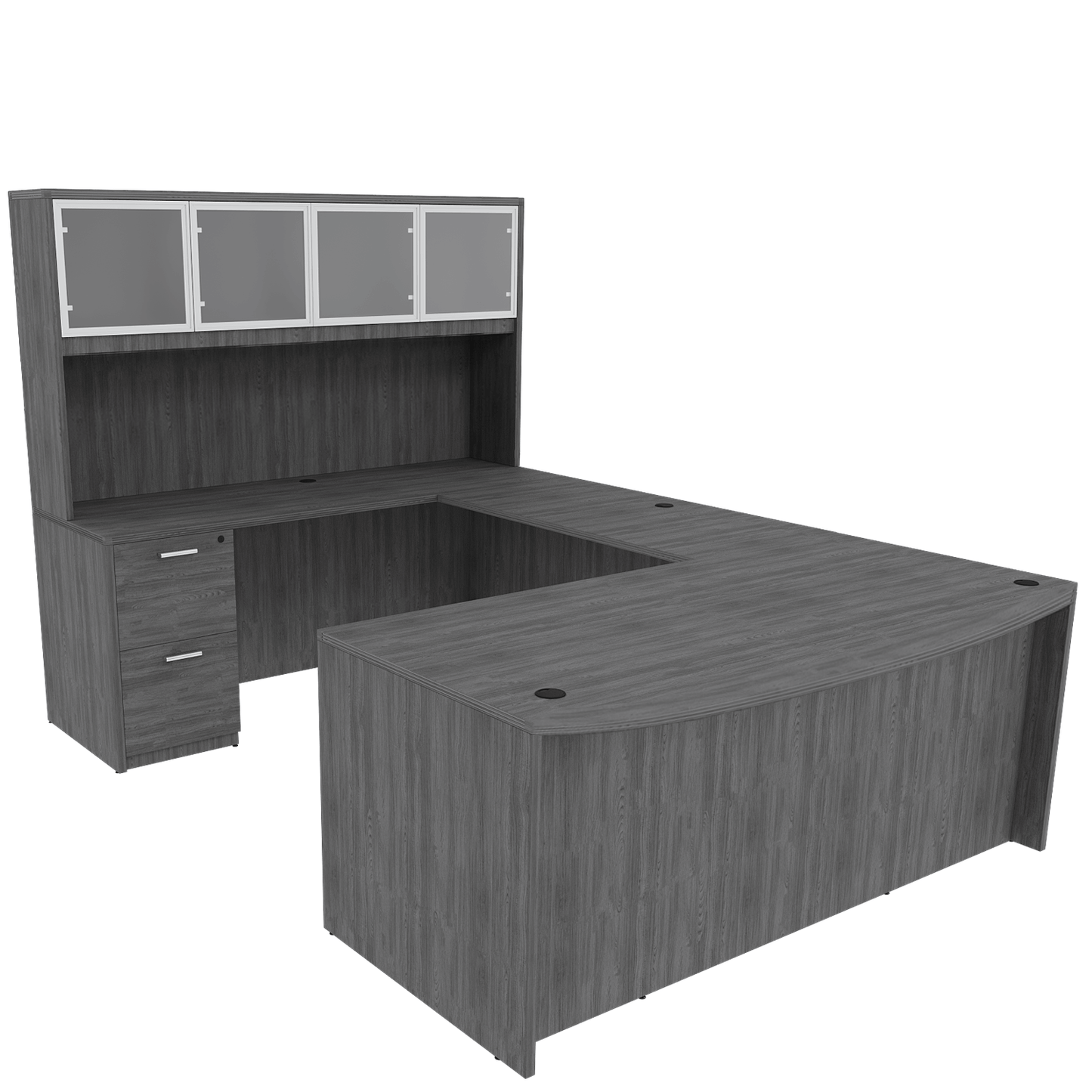 Kai Line Reversible Bow Front U-Desk with Double Full Pedestals with 4 Door Glass Hutch