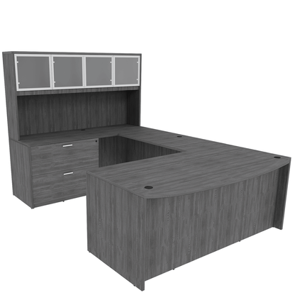 Kai Line Reversible Bow Front U-Desk with Full Pedestal, Lateral File, and 4 Door Glass Hutch