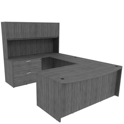 Kai Line Reversible Bow Front U-Desk with Full Pedestal, Lateral File, and 4 Door Wood Hutch