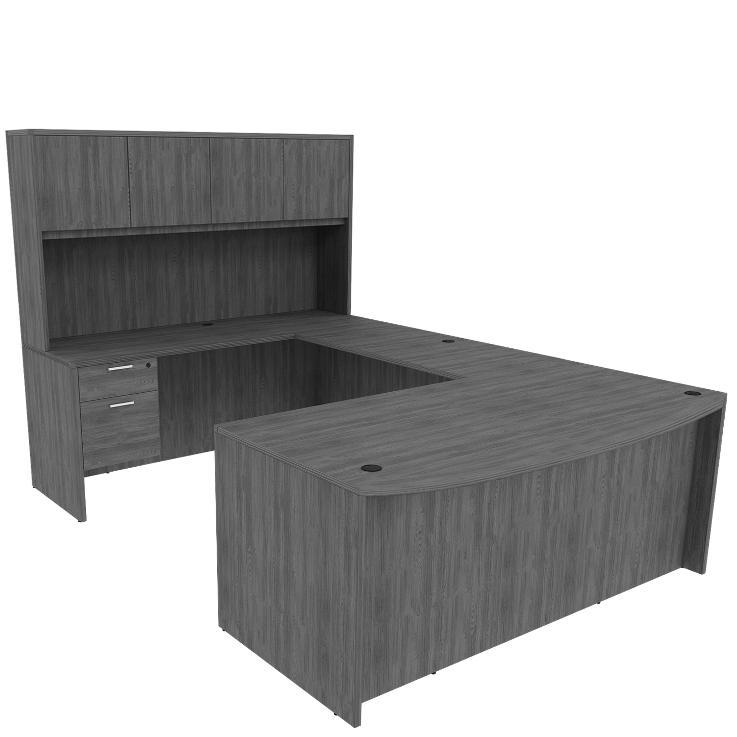 Kai Line Reversible Bow Front U-Desk with Double Suspended Pedestals with 4 Door Wood Hutch