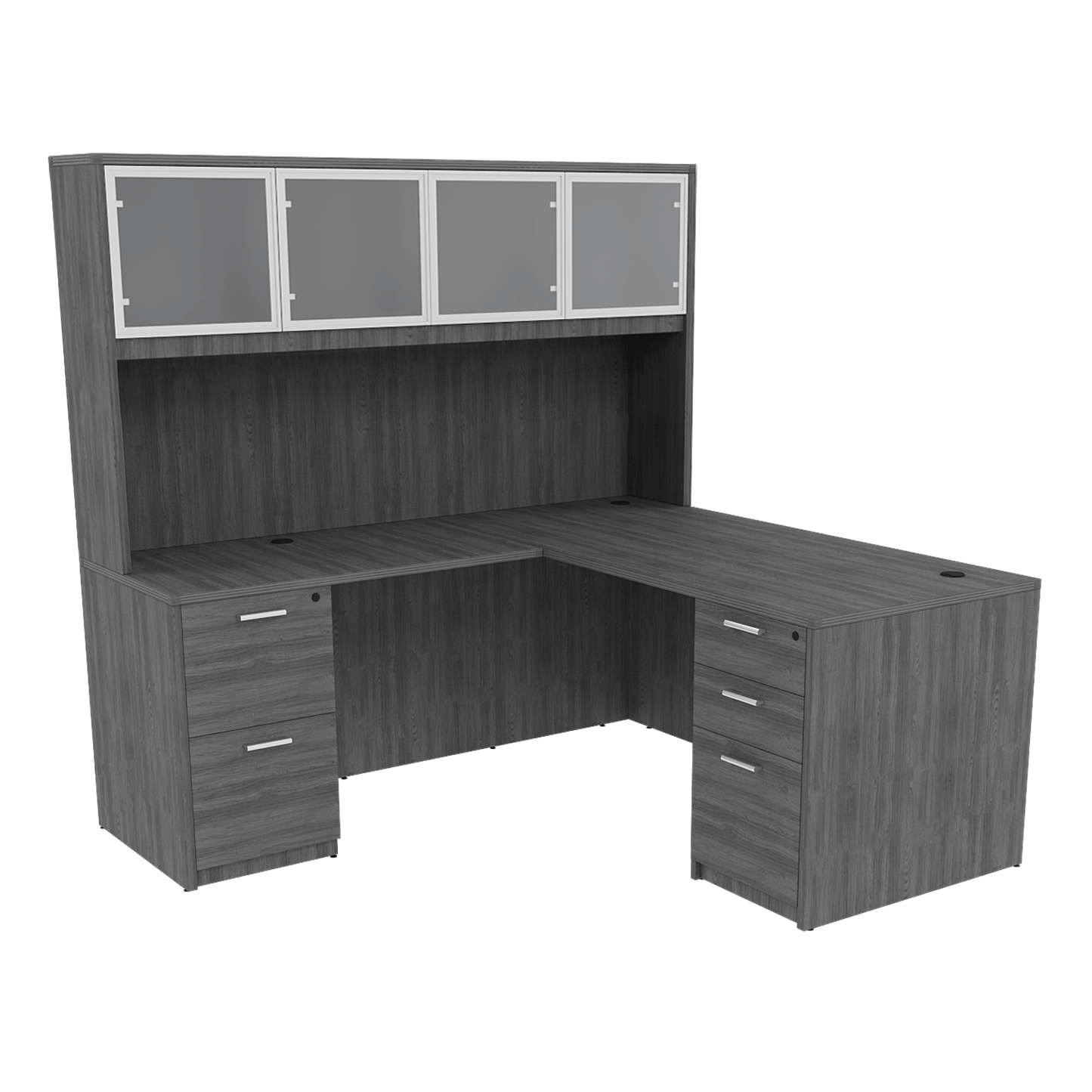 Kai Line Reversible L-Desk with Double Full Pedestals with 4 Door Glass Hutch