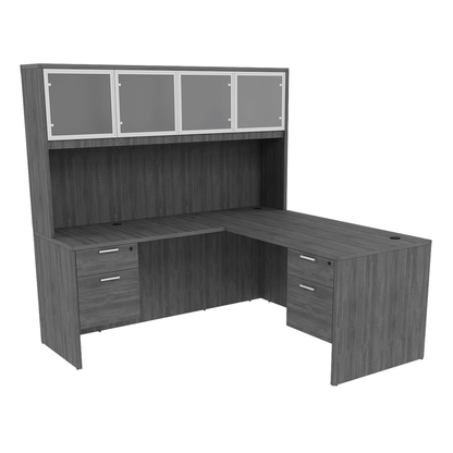 Kai Line Reversible L-Desk with Double Suspended Pedestals with 4 Door Glass Hutch