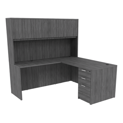 Kai Line L Shaped Desks Reversible with Single Full Pedestal with 4 Door Wood Hutch