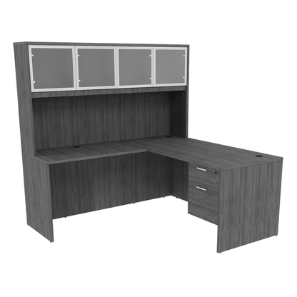 Kai Line Reversible L Shaped Desks with Single Suspended Pedestal with 4 Door Glass Hutch