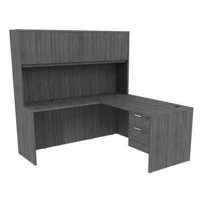 Kai Line Reversible L-Desk with Single Suspended Pedestal with 4 Door Wood Hutch