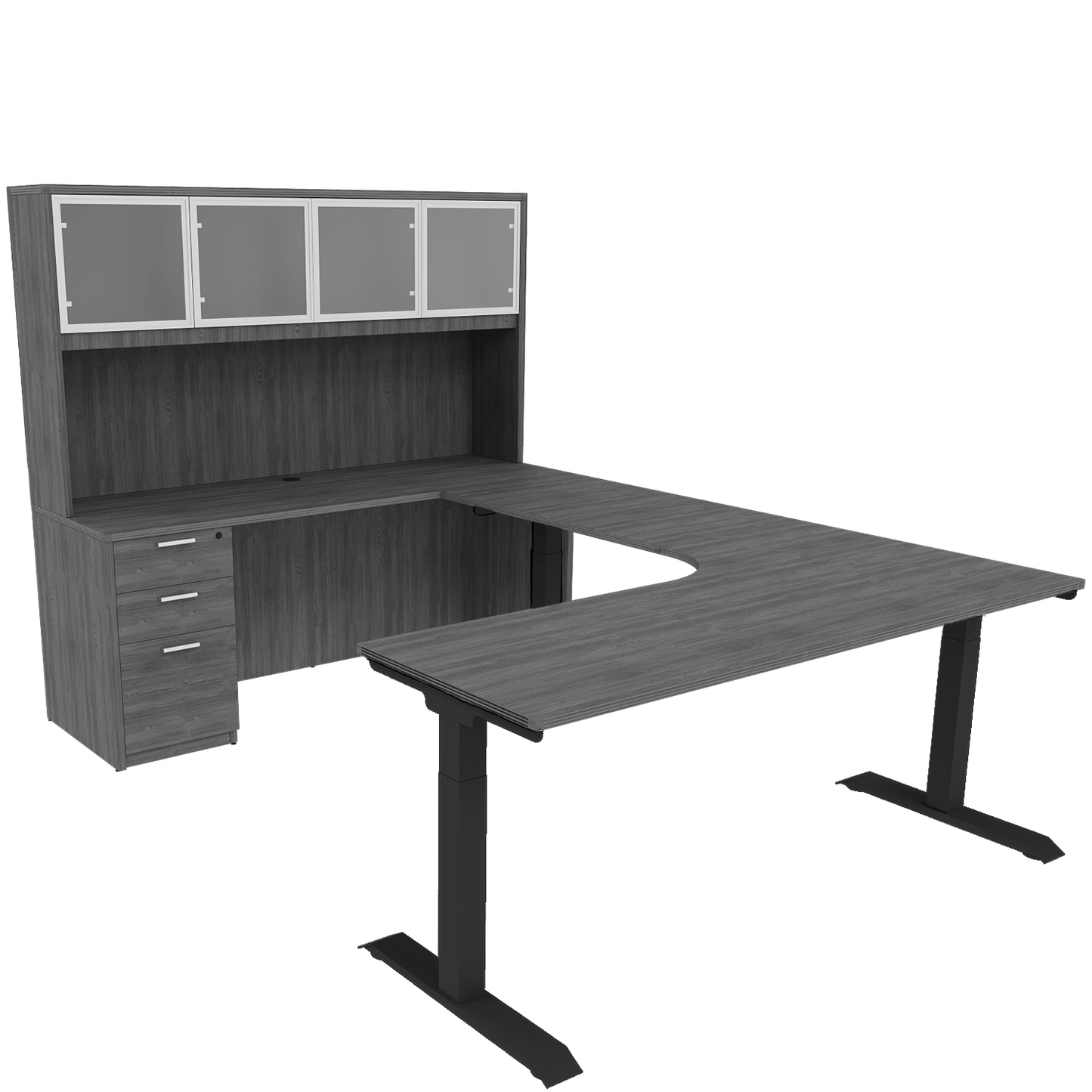 Height Adjustable Reversible U-Desk with Single Full Pedestal, 4 Door Glass Hutch and Black Base