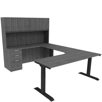 Height Adjustable Reversible U-Desk with Single Full Pedestal, 4 Door Wood Hutch and Black Base