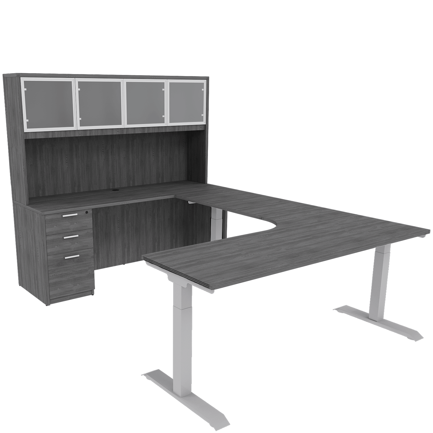 Height Adjustable Reversible U-Desk with Single Full Pedestal, 4 Door Glass Hutch and Silver Base