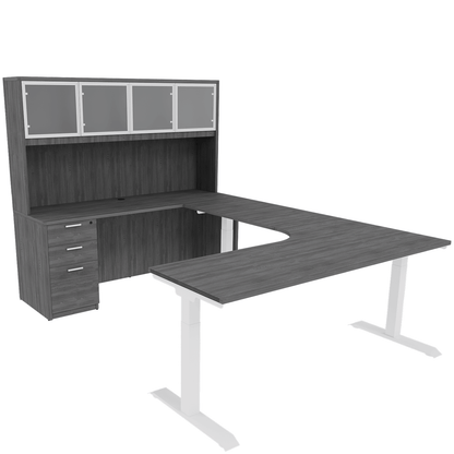 Height Adjustable Reversible U-Desk with Single Full Pedestal, 4 Door Glass Hutch and White Base