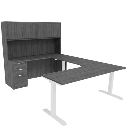 Height Adjustable Reversible U-Desk with Single Full Pedestal, 4 Door Wood Hutch and White Base