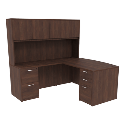 Kai Line Reversible Bow Front L-Desk with Double Full Pedestals with 4 Door Wood Hutch