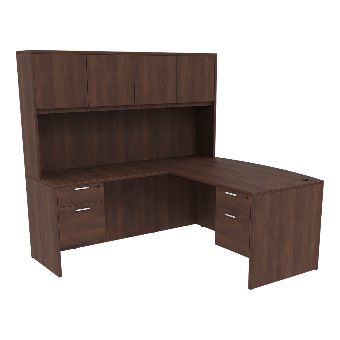 Kai Line Reversible Bow Front L-Desk with Double Suspended Pedestals with 4 Door Wood Hutch