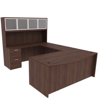 Kai Line Reversible Bow Front U-Desk with Double Full Pedestals with 4 Door Glass Hutch