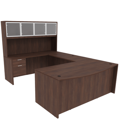 Kai Line Reversible Bow Front U-Desk with Double Suspended Pedestals with 4 Door Glass Hutch