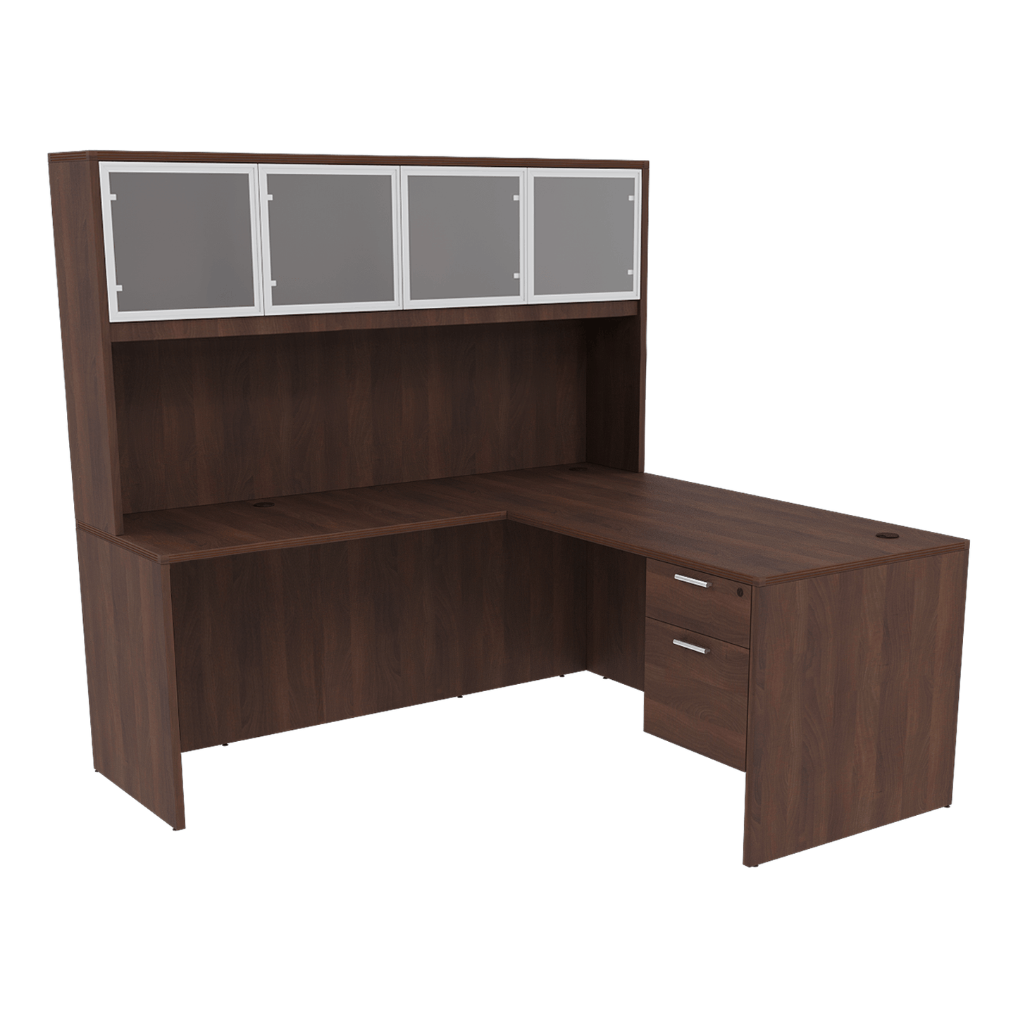 Kai Line Reversible L Shaped Desks with Single Suspended Pedestal with 4 Door Glass Hutch