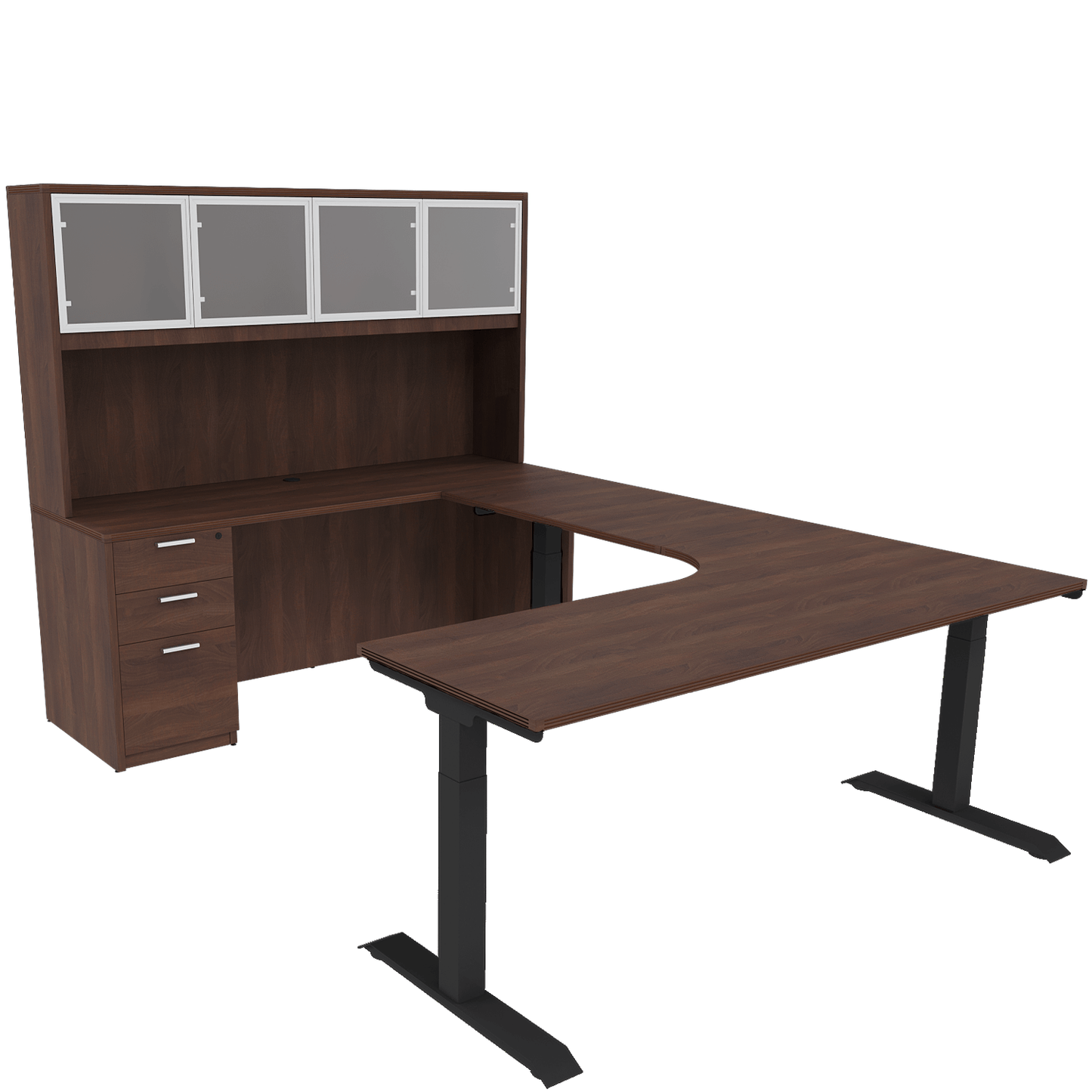 Height Adjustable Reversible U-Desk with Single Full Pedestal, 4 Door Glass Hutch and Black Base