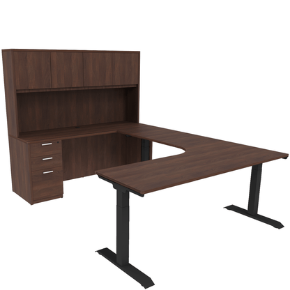 Height Adjustable Reversible U-Desk with Single Full Pedestal, 4 Door Wood Hutch and Black Base