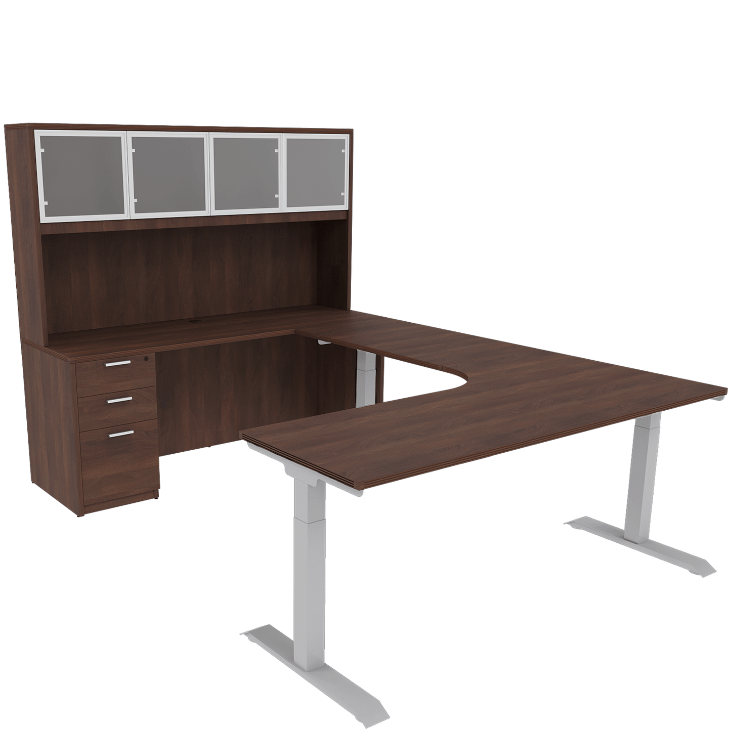 Height Adjustable Reversible U-Desk with Single Full Pedestal, 4 Door Glass Hutch and Silver Base