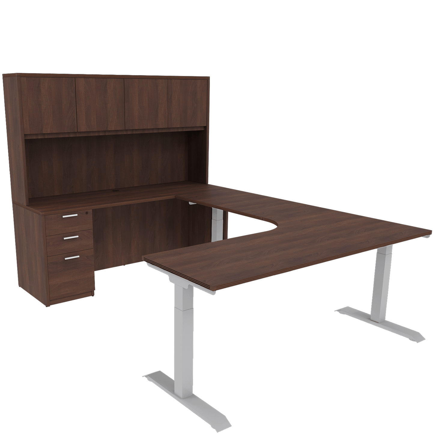 Height Adjustable Reversible U-Desk with Single Full Pedestal, 4 Door Wood Hutch and Silver Base