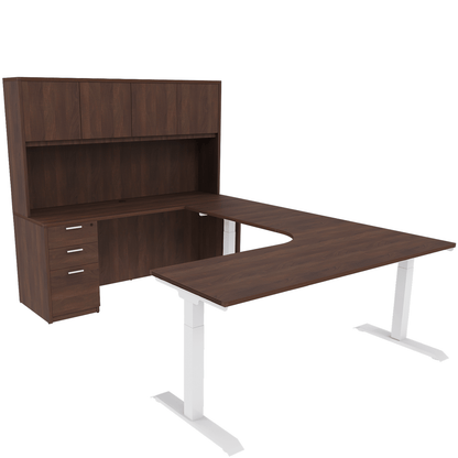 Height Adjustable Reversible U-Desk with Single Full Pedestal, 4 Door Wood Hutch and White Base