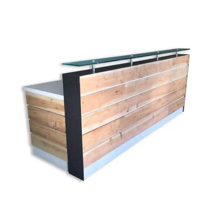 Reception Counter Solutions White Memphis Reception Desk With Glass Riser and Cedar Slats