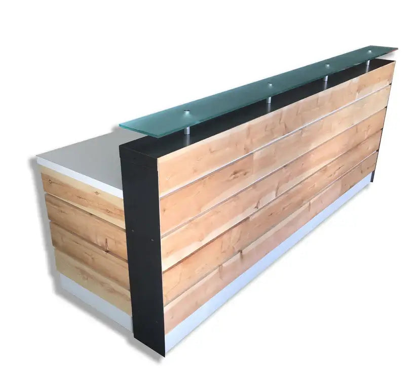 Reception Counter Solutions White Memphis Reception Desk With Glass Riser and Cedar Slats