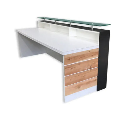 Reception Counter Solutions White Memphis Reception Desk With Glass Riser and Cedar Slats